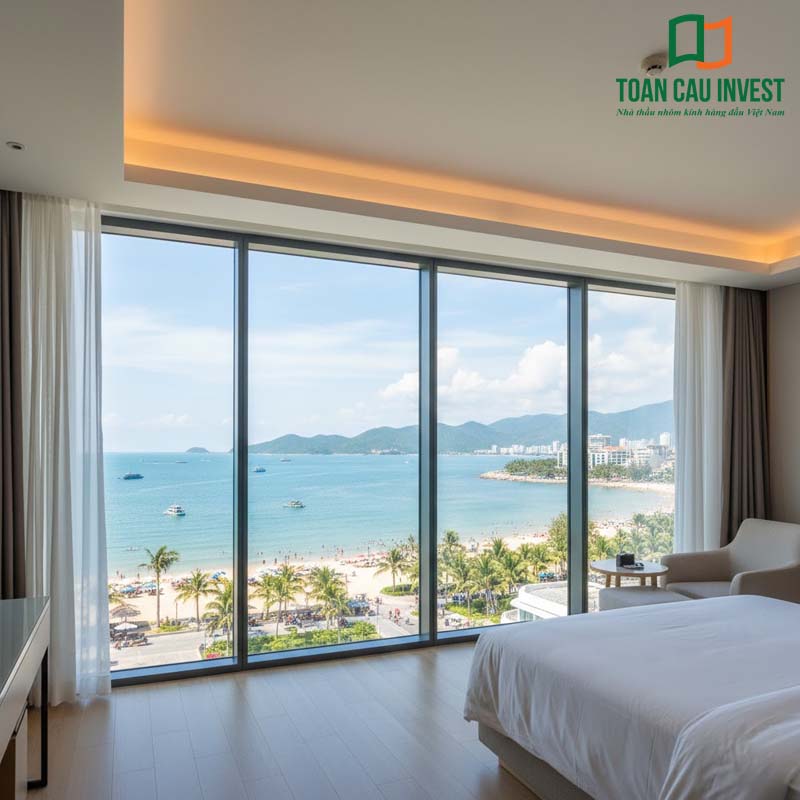 vách kính khách sạn toàn cảnh từ trong phòng ngủ, mở rộng tầm nhìn hướng biển và mang lại không gian sang trọng, ngập tràn ánh sáng tự nhiên