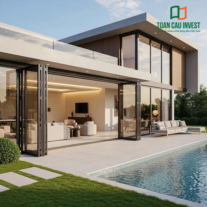 Hệ cửa nhôm cầu cách nhiệt mở trượt khổ lớn, kết nối không gian trong – ngoài, phù hợp biệt thự, resort cao cấp, đảm bảo cách nhiệt và thẩm mỹ vượt trội.
