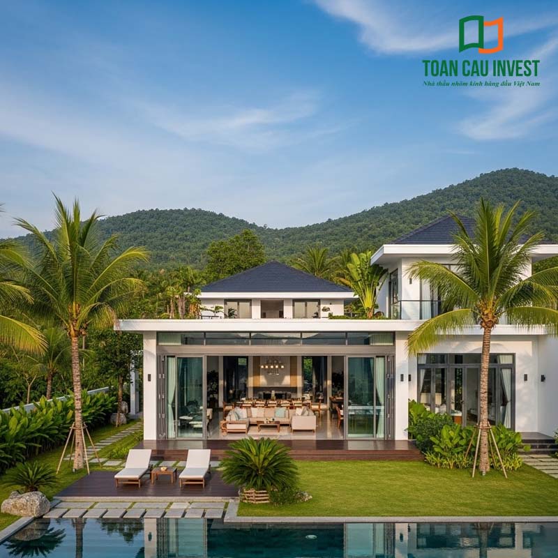 Biệt thự nghỉ dưỡng sử dụng cửa nhôm cầu cách nhiệt Toàn Cầu Invest, giúp chống nóng, cách âm tốt, bền bỉ với môi trường biển và khí hậu nhiệt đới.