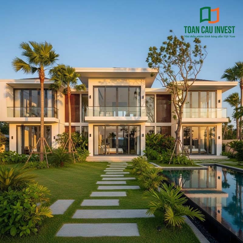 Biệt thự hiện đại sử dụng cửa nhôm cầu cách nhiệt giúp chống nóng, cách âm hiệu quả, thiết kế kính lớn tạo không gian mở, hài hòa với cảnh quan sân vườn xanh mát.