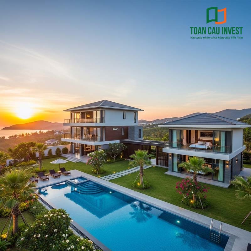 Khu biệt thự nghỉ dưỡng cao cấp ứng dụng cửa nhôm cầu cách nhiệt, giải pháp tối ưu cho công trình ven biển, giúp giảm bức xạ nhiệt và đảm bảo độ bền lâu dài.
