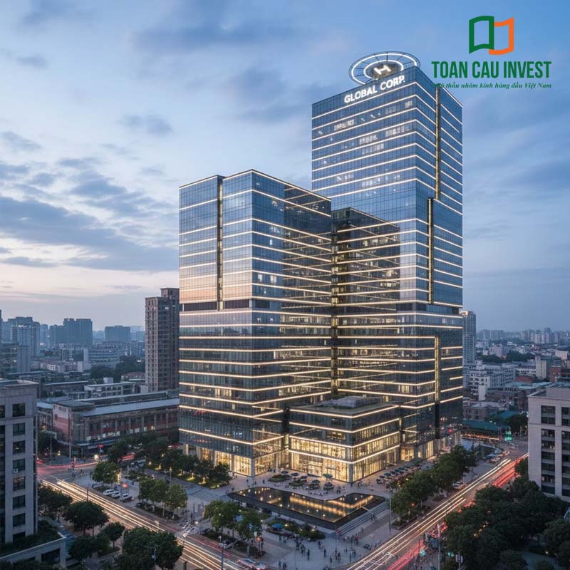 Cao ốc văn phòng – thương mại ứng dụng cửa nhôm cầu cách nhiệt Toàn Cầu Invest, đáp ứng tiêu chuẩn cách nhiệt, cách âm và thẩm mỹ cho công trình quy mô lớn.