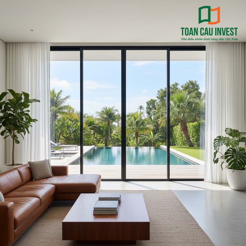 Cửa nhôm kính dán an toàn hệ cửa trượt panorama cho phòng khách, kính an toàn giúp hạn chế rủi ro vỡ kính và tăng độ bền công trình.