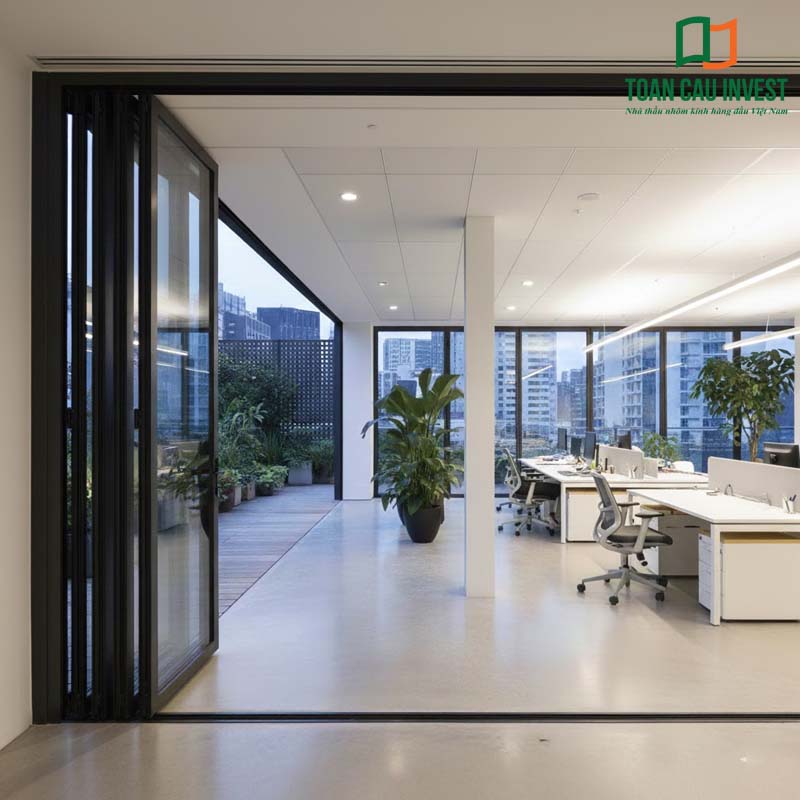 Cửa nhôm kính gấp gọn Toàn Cầu Invest cho văn phòng mở, giúp tối ưu diện tích, tăng cường đối lưu không khí, lấy sáng tự nhiên và mang lại không gian làm việc đẳng cấp, thẩm mỹ.