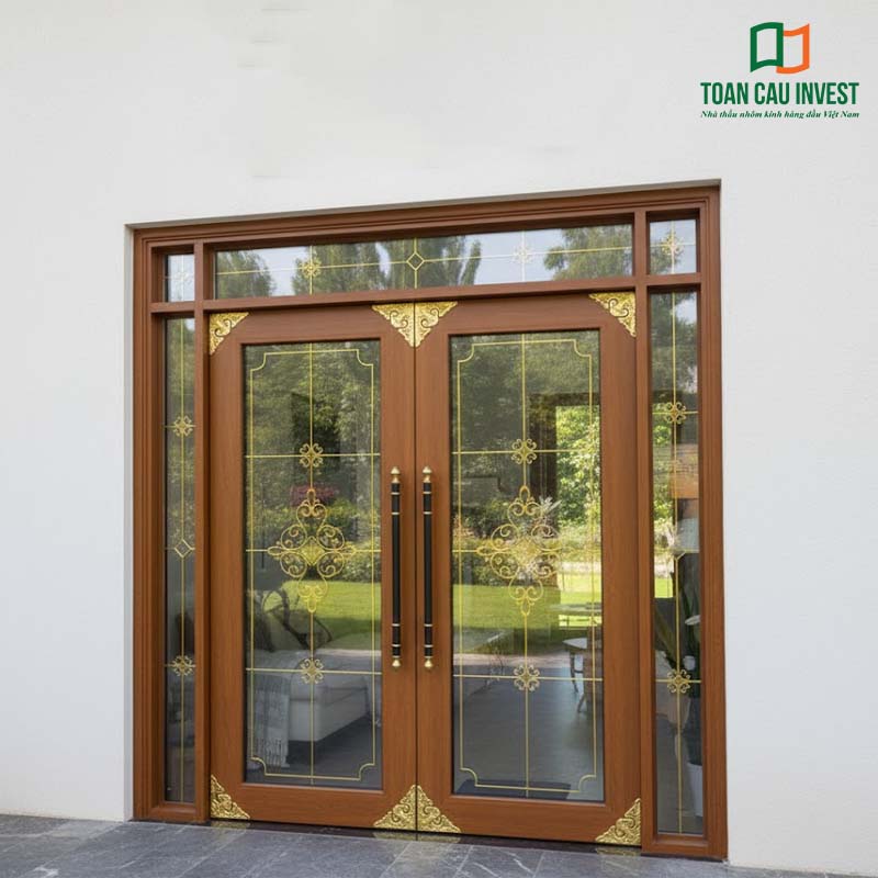 Cửa nhôm kính hoa sắt vân gỗ tự nhiên, hoa văn cổ điển, kính cường lực an toàn, phù hợp nhà phố và biệt thự phong cách tân cổ điển.