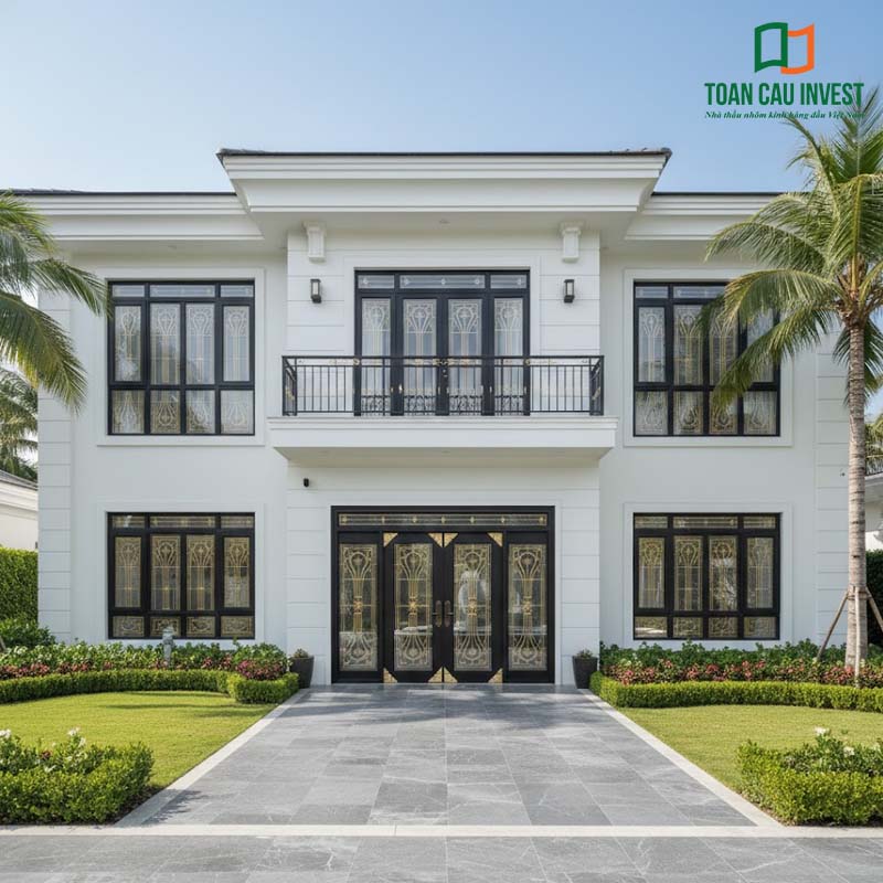Biệt thự 2 tầng lắp đặt hệ cửa nhôm kính hoa sắt đồng bộ cho cửa đi và cửa sổ, vừa thông thoáng vừa chống trộm hiệu quả.