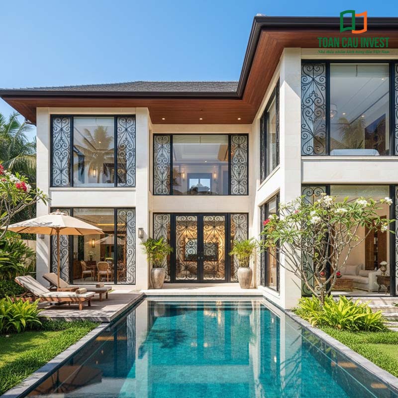 Cửa nhôm kính hoa sắt phong cách hiện đại cho biệt thự nghỉ dưỡng, hoa sắt trang trí tinh tế, kết hợp kính lớn lấy sáng tối đa.