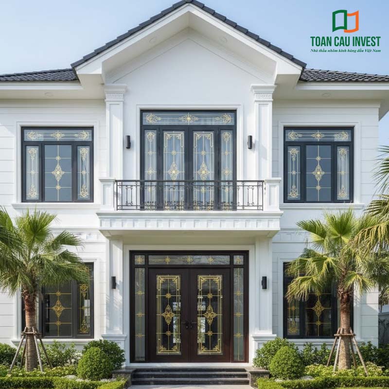 Mẫu cửa nhôm kính hoa sắt biệt thự 2 tầng, hoa văn mạ vàng tinh xảo, kính an toàn, đồng bộ cửa đi và cửa sổ mặt tiền.