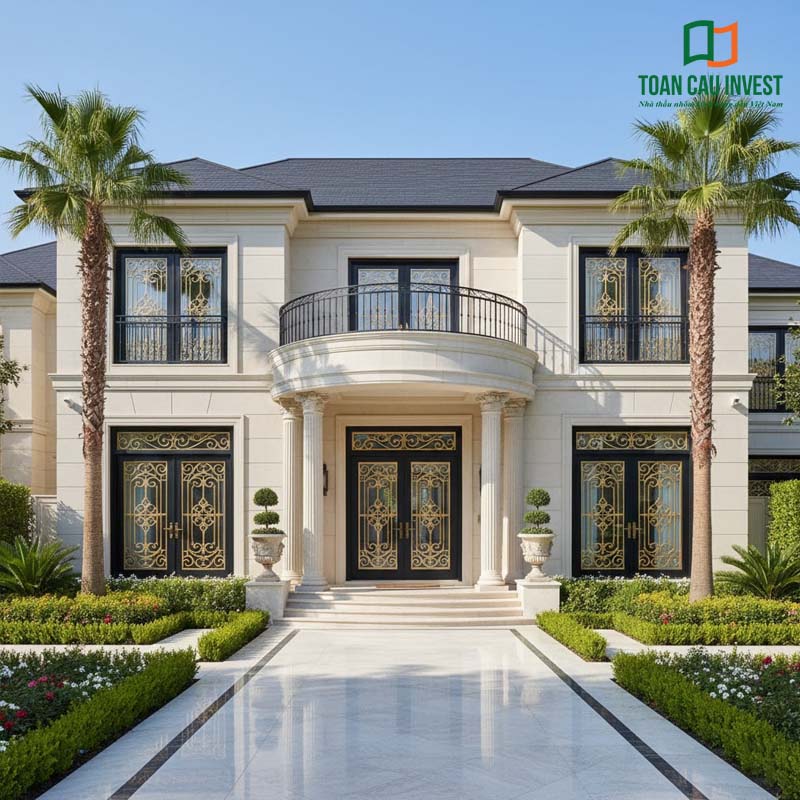 Hệ cửa nhôm kính hoa sắt biệt thự sang trọng, thiết kế đối xứng, hoa sắt mỹ thuật giúp tăng giá trị thẩm mỹ và an ninh.