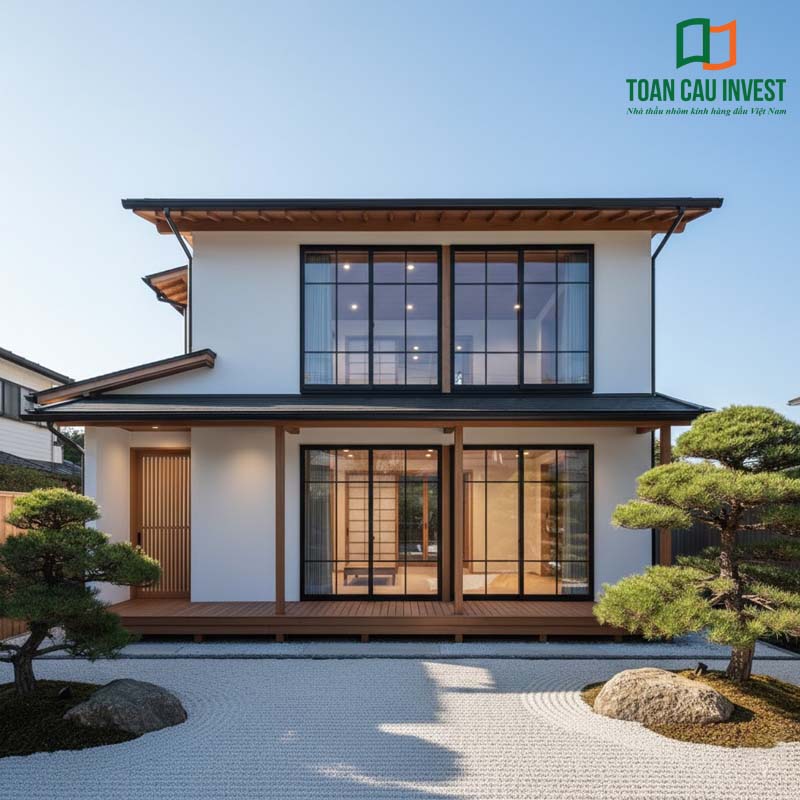 Cửa nhôm kính kiểu Nhật khung đen, toàn bộ mảng kính lớn nhìn ra sân vườn Zen tối giản, sỏi trắng