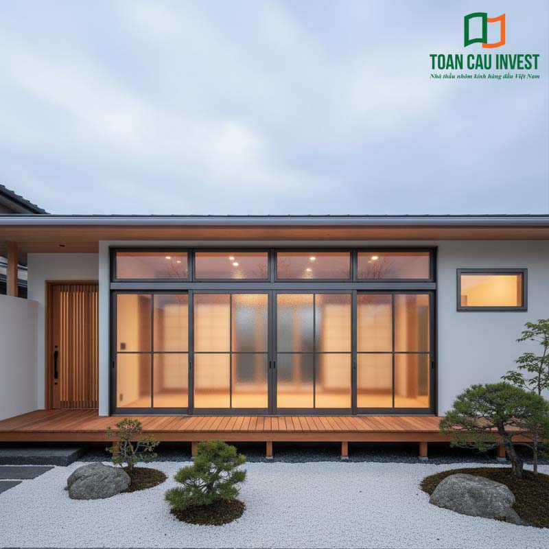 Cửa nhôm kính kiểu Nhật bao quanh toàn bộ không gian sân trong, kết nối trực tiếp hồ cá Koi, bonsai và sân vườn Zen theo đúng tinh thần kiến trúc Nhật Bản.