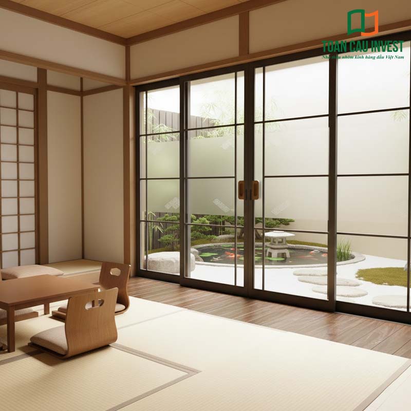 Cửa nhôm kính kiểu Nhật dạng trượt với nan chia ô truyền thống, không gian nội thất lát chiếu tatami, hướng ra hồ cá Koi và sân vườn Nhật mang đậm tinh thần Zen