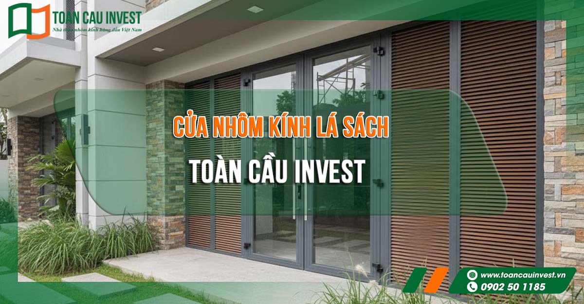 Cửa nhôm kính lá sách Toàn Cầu Invest cho nhà phố hiện đại, thiết kế lá nhôm song song giúp lấy gió, chắn nắng và tăng tính thẩm mỹ mặt tiền