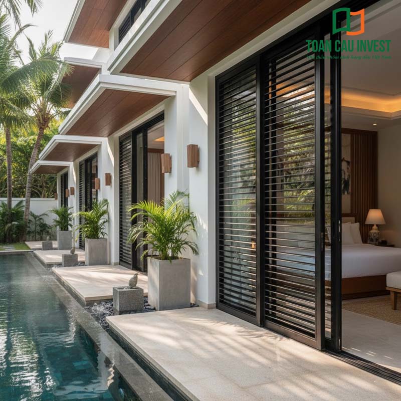 Cửa nhôm kính lá sách cho resort cao cấp, kết hợp khung nhôm sơn tĩnh điện và kính an toàn, tối ưu thông gió và chống mưa tạt.