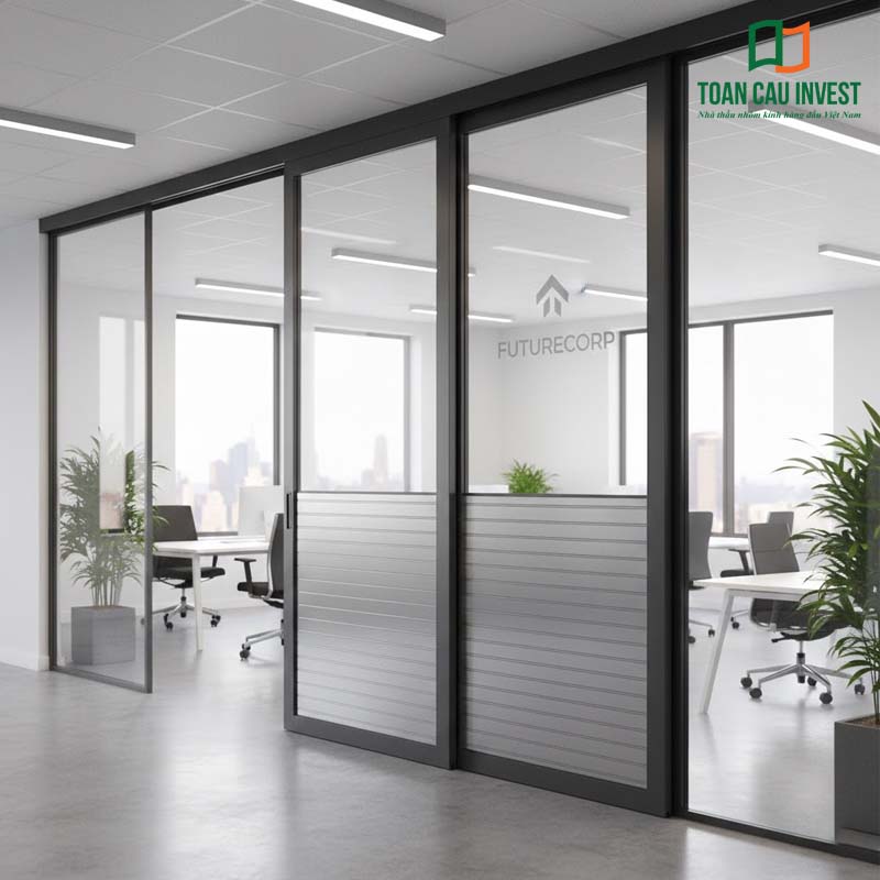 Cửa nhôm kính pano kết hợp vách kính văn phòng, thiết kế hiện đại, tối ưu ánh sáng tự nhiên, tạo không gian làm việc mở, chuyên nghiệp và linh hoạt trong bố trí nội thất.