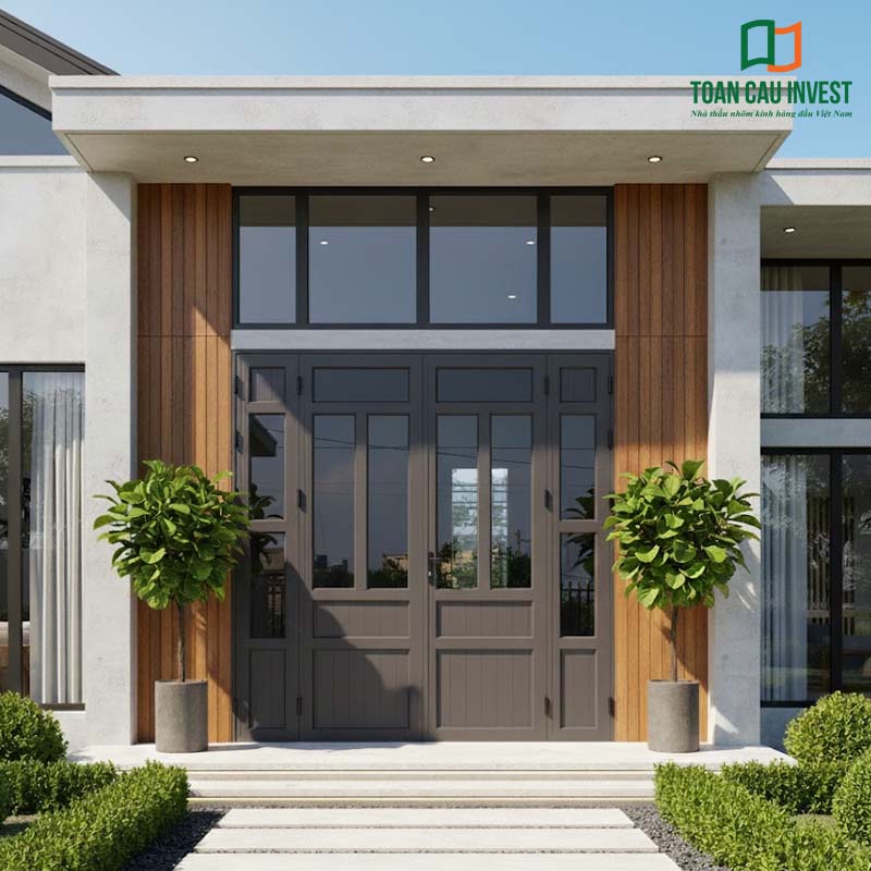 Cửa nhôm kính pano cho nhà ở hiện đại, khung nhôm chắc chắn, pano phía dưới tạo điểm nhấn thẩm mỹ, kết hợp kính lớn giúp không gian sang trọng và bền vững theo thời gian.