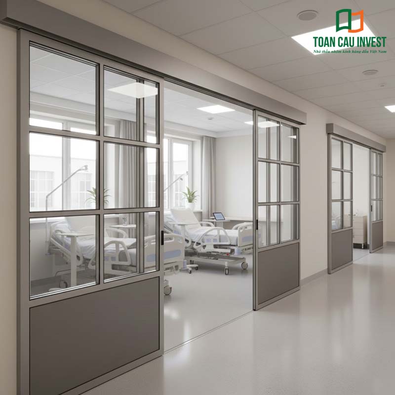 Cửa nhôm kính pano hệ vách ngăn chuyên dụng cho bệnh viện, thiết kế khung chắc chắn, kính an toàn, dễ vệ sinh, đáp ứng tiêu chuẩn không gian y tế hiện đại.