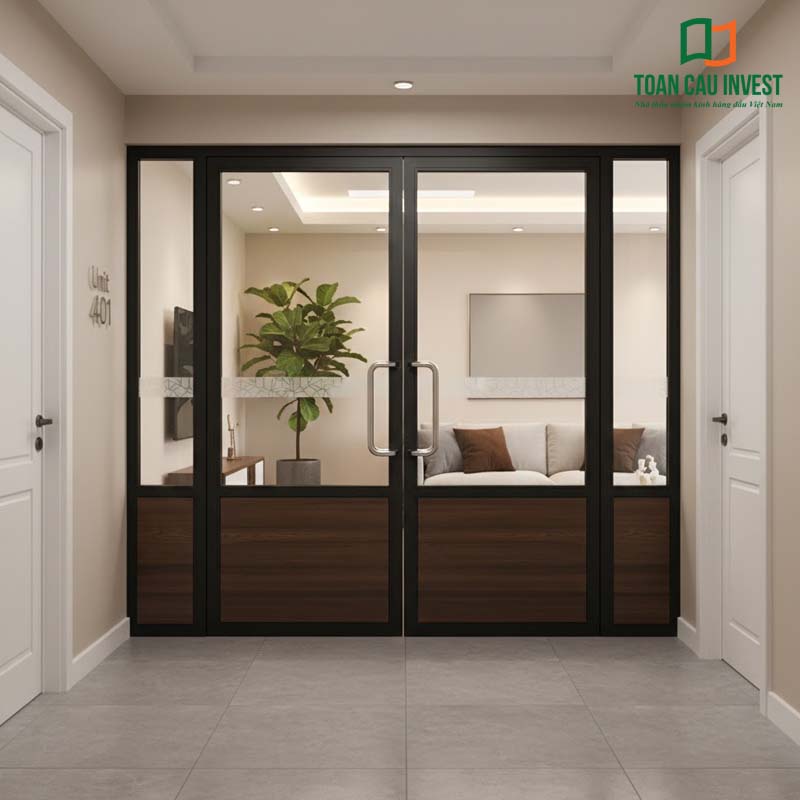 Cửa nhôm kính pano dạng cửa mở 2 cánh, kết hợp kính và pano đặc phía dưới, phù hợp ngăn phòng căn hộ hoặc văn phòng, đảm bảo riêng tư nhưng vẫn thông thoáng ánh sáng.