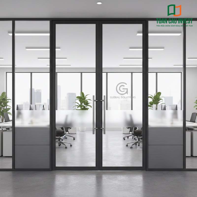 Cửa nhôm kính pano khung nhôm màu đen thiết kế tối giản, sử dụng kính lớn tạo không gian văn phòng mở, cách âm tốt, tăng tính chuyên nghiệp và hiện đại cho khu làm việc.