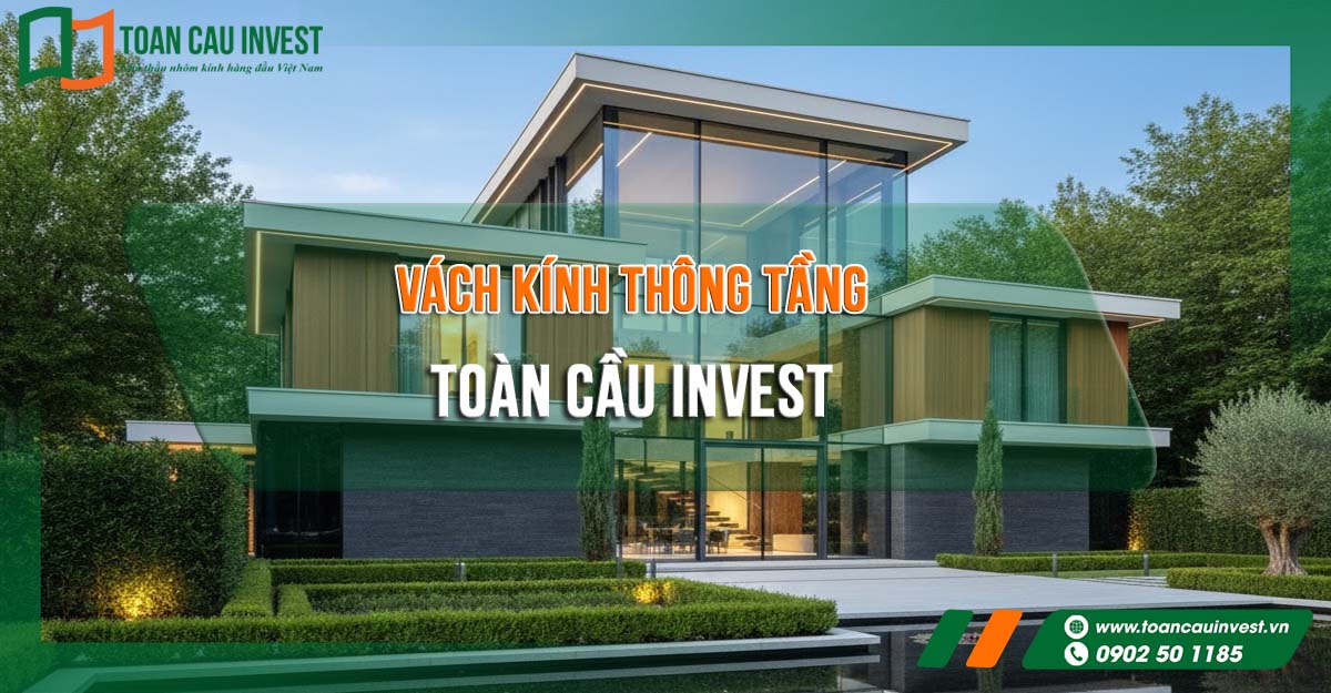 Cửa nhôm kính thông tầng kết hợp vách kính lớn cho biệt thự hiện đại, giải pháp nhôm kính cao cấp do Toàn Cầu Invest thi công, tối ưu ánh sáng và tính thẩm mỹ tổng thể.