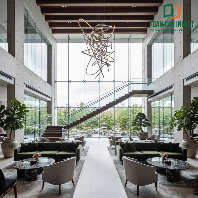 Cửa nhôm kính thông tầng phong cách tối giản, kết hợp cầu thang kính và nội thất cao cấp, mang lại vẻ đẹp tinh tế và hiện đại cho công trình.