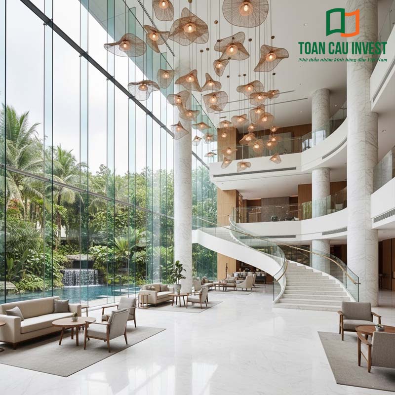 Cửa nhôm kính thông tầng cao cấp trong sảnh khách sạn – resort, kết hợp vách kính khổ lớn tạo không gian sang trọng, thông thoáng và kết nối hài hòa với thiên nhiên.