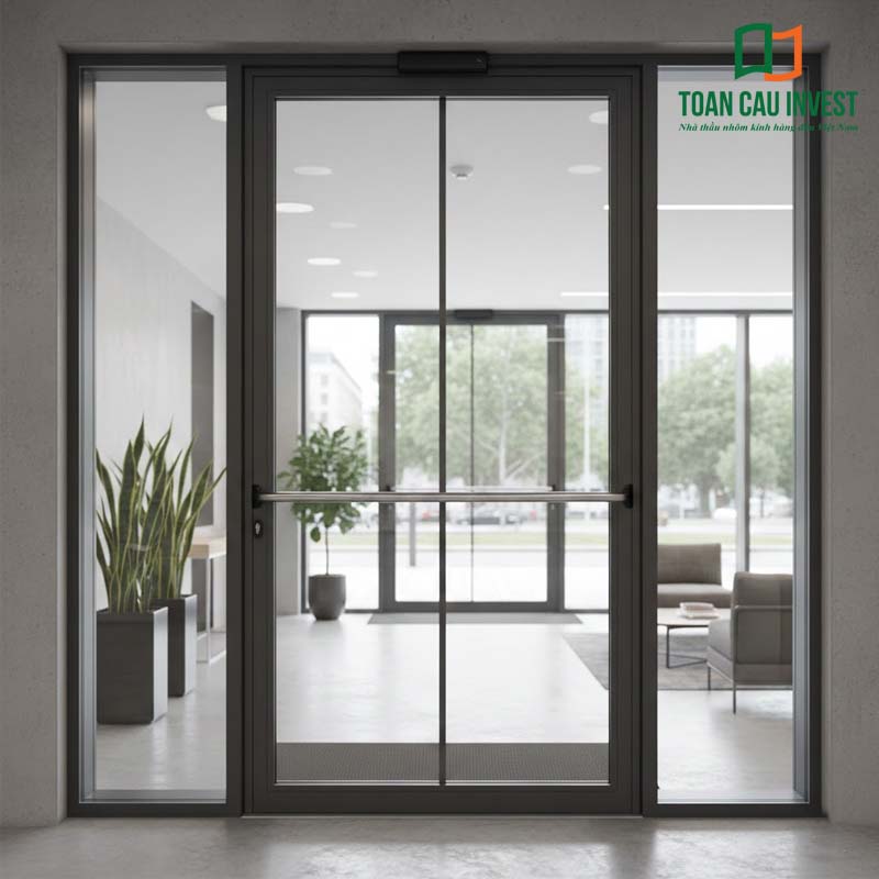 Cửa nhôm kính thủy lực khung xám cao cấp cho sảnh văn phòng hiện đại, thiết kế tối giản với tay nắm ngang, tạo không gian thông thoáng và sang trọng