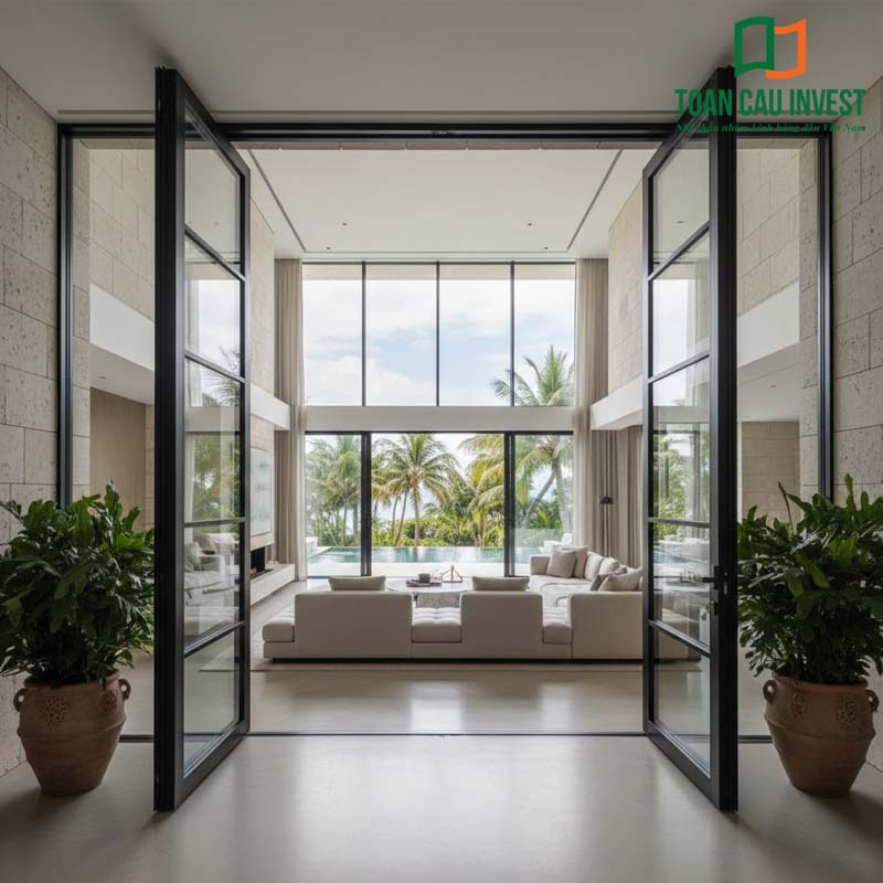 Mẫu cửa nhôm kính thủy lực mở quay hai cánh cho biệt thự nghỉ dưỡng, khung nhôm mỏng, kính cường lực trong suốt, mang lại tầm nhìn rộng ra hồ bơi và cảnh quan tự nhiên