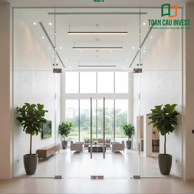 Cửa nhôm kính thủy lực bản lớn với tay nắm inox cao cấp, ứng dụng cho sảnh tiếp đón tòa nhà văn phòng, thiết kế trong suốt tạo hiệu ứng mở không gian.