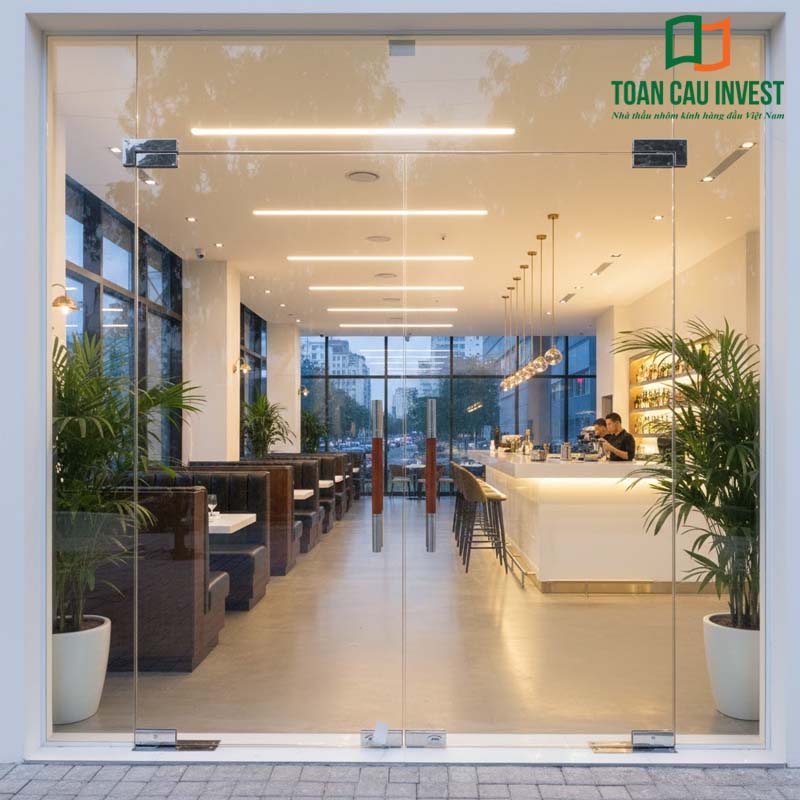 Cửa nhôm kính thủy lực mặt tiền quán café sang trọng, hệ cửa kính cường lực bản lớn, trượt êm ái, đảm bảo lấy sáng tối ưu và tăng tính kết nối với bên ngoài