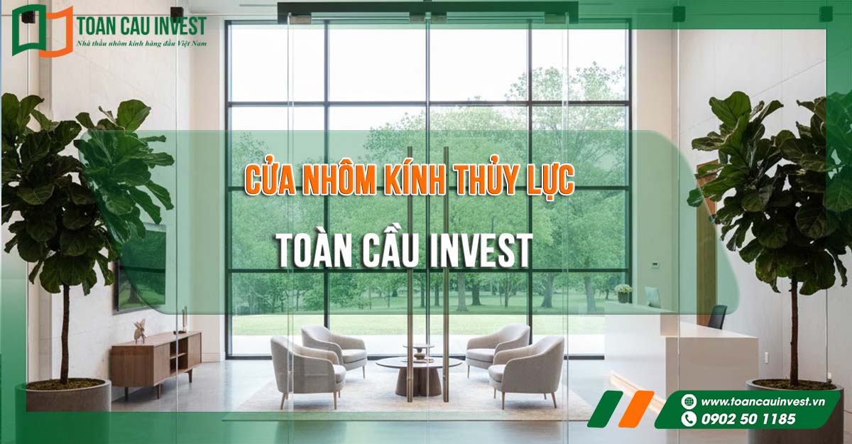 Mẫu cửa nhôm kính thủy lực khung bản lớn, thiết kế hai cánh mở quay sang trọng cho sảnh tiếp đón hiện đại