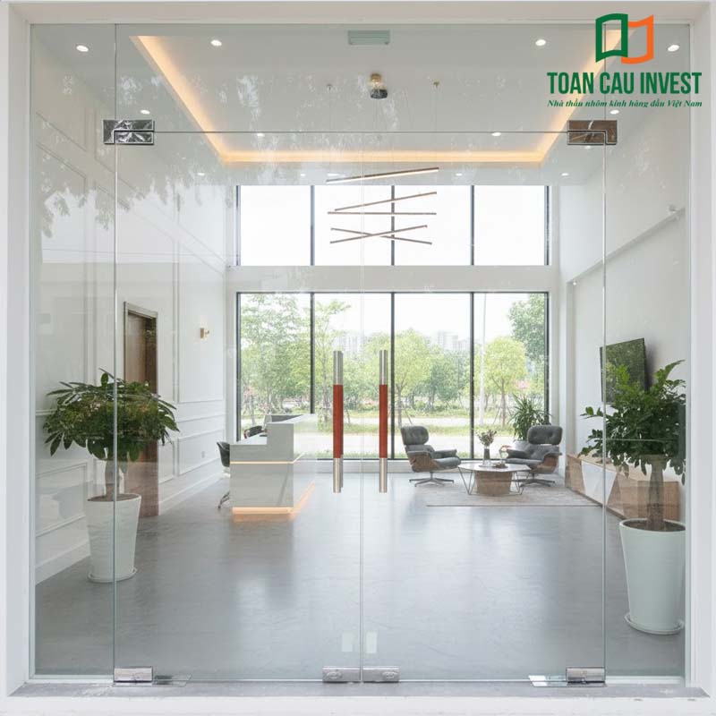 Cửa nhôm kính thủy lực hai cánh với tay nắm dài inox, lắp đặt tại sảnh tiếp khách showroom cao cấp, mang đến vẻ đẹp hiện đại và sang trọng