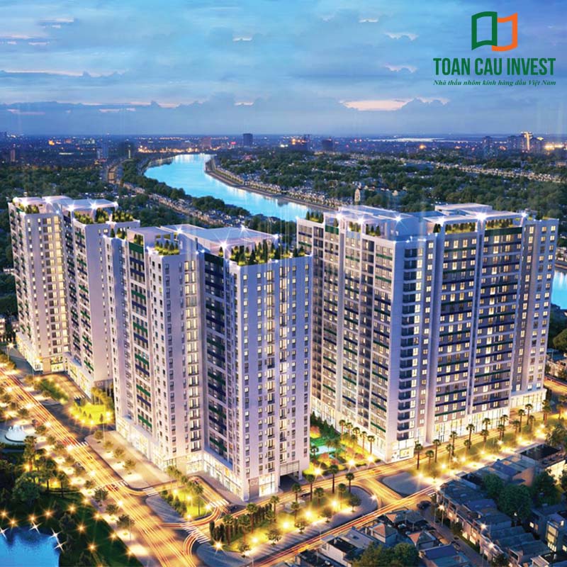 Hệ mặt dựng nhôm kính cho chung cư cao tầng nổi bật về đêm với hiệu ứng ánh sáng sang trọng, đảm bảo độ kín khít, chống ồn và tiết kiệm năng lượng cho tòa nhà cao tầng.