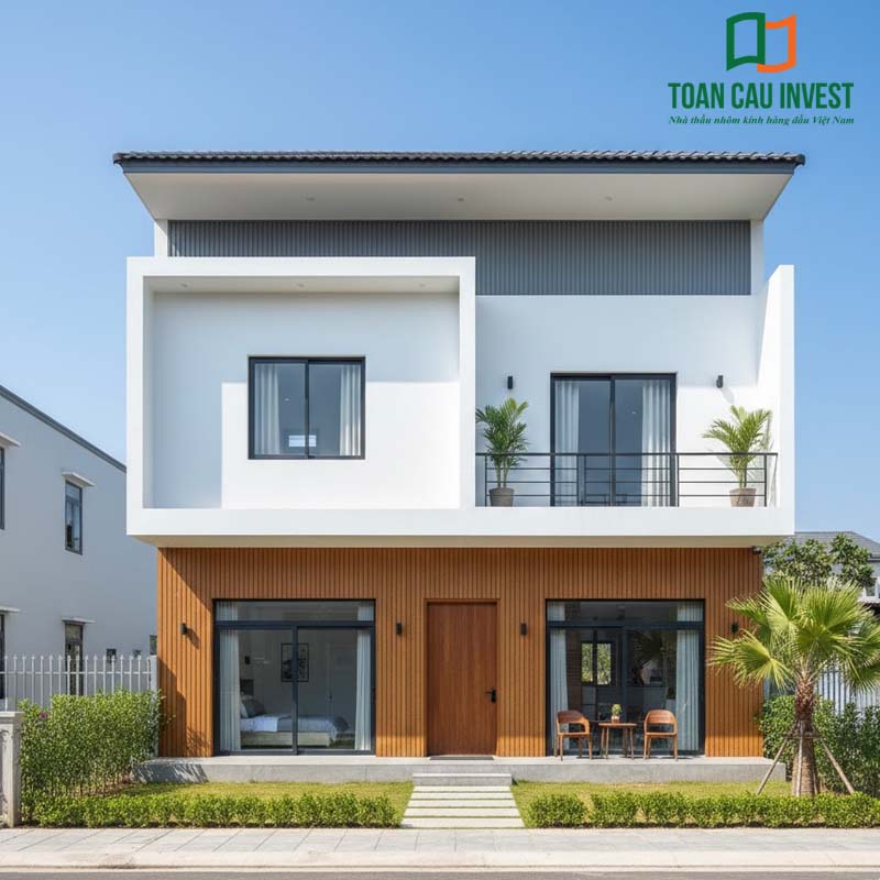 Nhà phố hiện đại ứng dụng nhôm Quảng Đông chính hãng, cửa nhôm kính thiết kế tối giản, chắc chắn, phù hợp khí hậu Việt Nam.