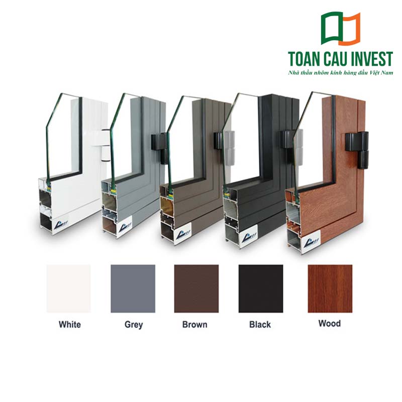 Mặt cắt profile nhôm Quảng Đông với đa dạng màu sắc sơn tĩnh điện: trắng, ghi, nâu, đen, vân gỗ – đáp ứng mọi phong cách kiến trúc.