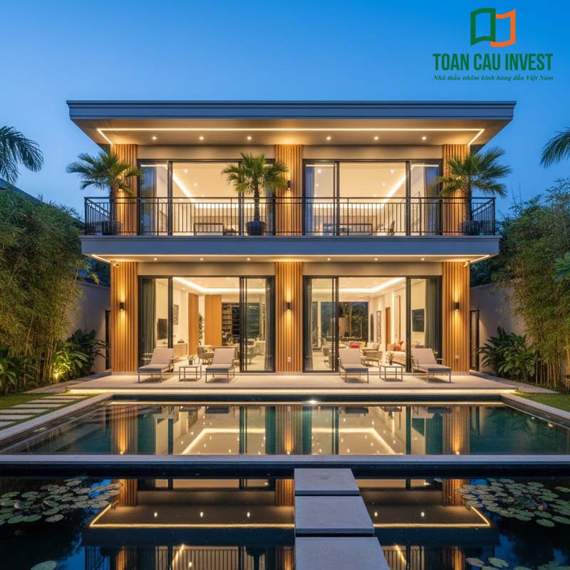 Biệt thự hiện đại sử dụng hệ nhôm Quảng Đông cao cấp, cửa nhôm kính khổ lớn, sang trọng, bền bỉ, tối ưu ánh sáng và không gian sống.