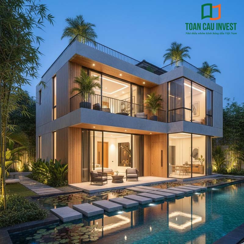 Không gian biệt thự đẳng cấp với hệ cửa nhôm Quảng Đông, thiết kế tối giản, tinh tế, tôn vinh kiến trúc hiện đại cả ngày lẫn đêm.