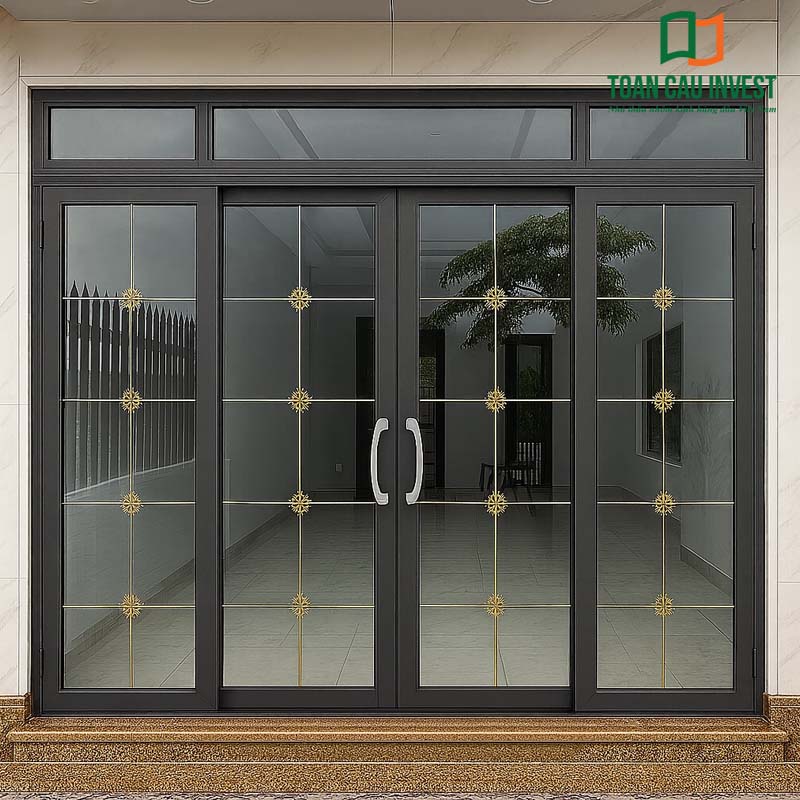 Mẫu cửa nhôm Quảng Đông cao cấp kết hợp kính hoa đồng sang trọng, thiết kế chắc chắn, phù hợp nhà phố và biệt thự hiện đại.