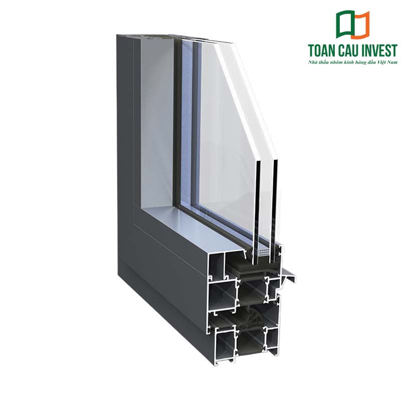 Mặt cắt hệ cửa nhôm rãnh C cầu cách nhiệt với thiết kế khoang polyamide giúp giảm truyền nhiệt, phù hợp cho nhà ở cao cấp, resort và biệt thự ven biển