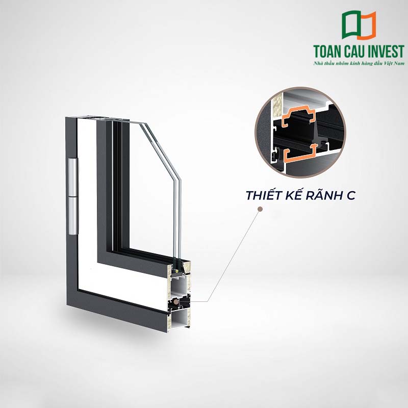 Mặt cắt kỹ thuật hệ nhôm rãnh C với cấu trúc liên kết gioăng EPDM và ray trượt tối ưu, đảm bảo độ kín khít và độ bền vượt trội cho công trình cao cấp.