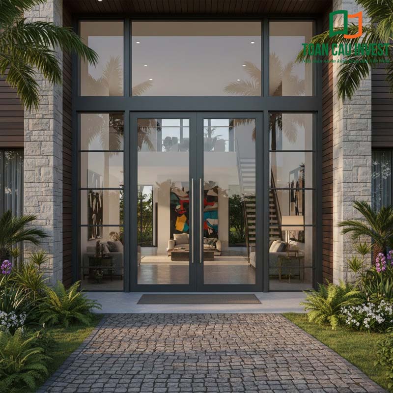 Hệ cửa chính sang trọng từ nhôm rãnh C với khung bản lớn, kính cường lực an toàn, mang đến giải pháp bền đẹp – cách âm – cách nhiệt tối ưu cho nhà ở cao cấp.