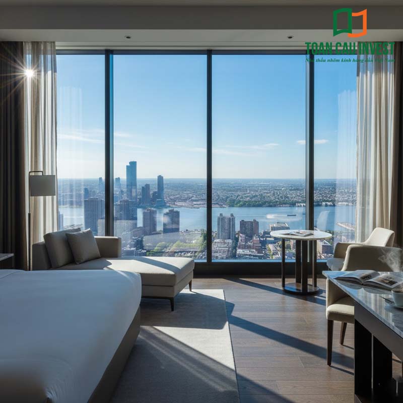 Vách kính an toàn khổ lớn cho phòng ngủ cao tầng, giúp mở rộng tầm nhìn toàn cảnh thành phố, lấy sáng tối đa và đảm bảo an toàn tuyệt đối khi sử dụng lâu dài.