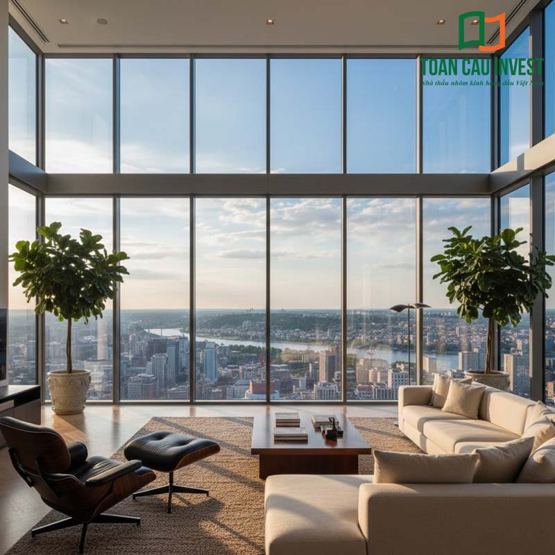 Vách kính an toàn full chiều cao cho căn hộ penthouse, tối ưu ánh sáng tự nhiên, cách âm – cách nhiệt tốt và đảm bảo an toàn kết cấu.