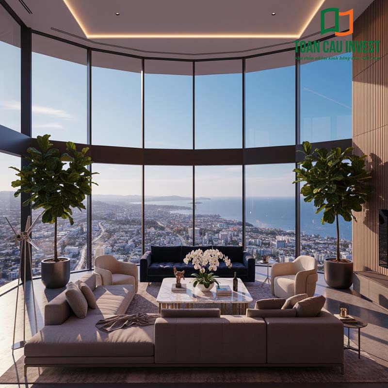 Vách kính an toàn cong cho không gian lounge sang trọng, thiết kế tinh tế, chịu lực cao, chống rung lắc và đảm bảo an toàn tuyệt đối.