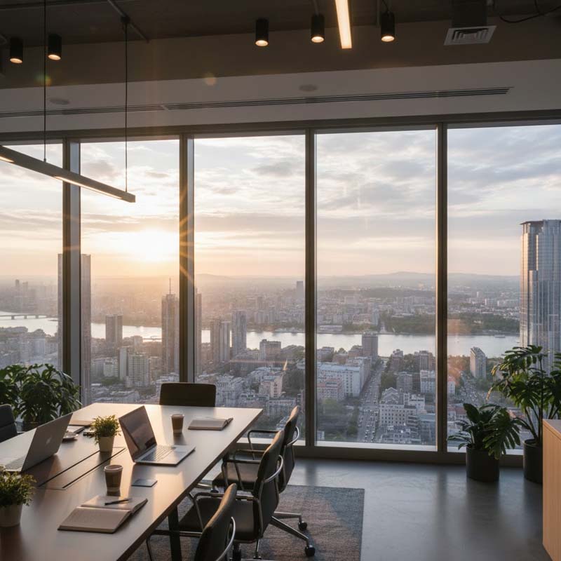 Vách kính an toàn cho văn phòng cao tầng, mở rộng tầm nhìn toàn cảnh thành phố, đảm bảo an toàn, cách âm và tối ưu ánh sáng tự nhiên.