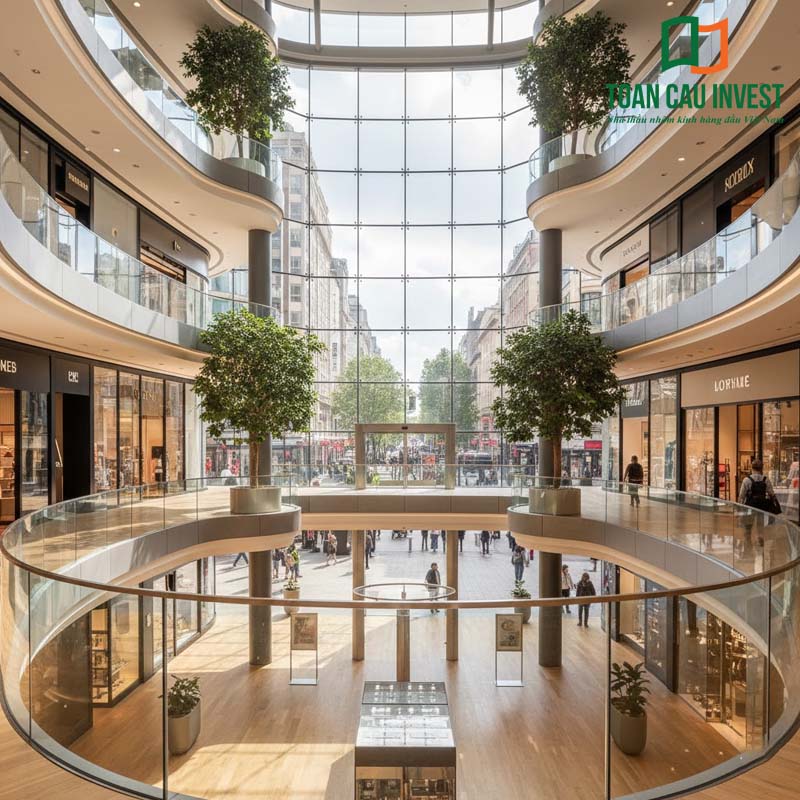 Vách kính an toàn kết cấu cong cho trung tâm thương mại hiện đại, tạo không gian mở, an toàn chịu lực cao, nâng tầm trải nghiệm mua sắm cao cấp.