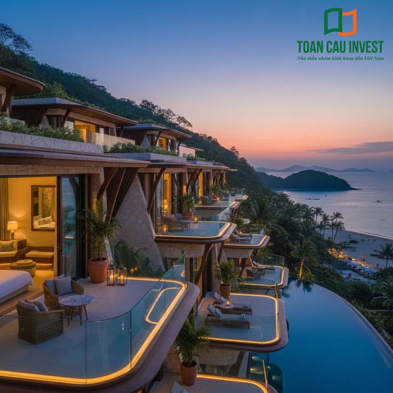 Vách kính ban công cho resort hạng sang, thiết kế uốn cong tinh tế, mở rộng tầm nhìn biển đêm.