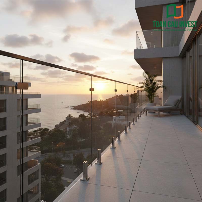 Vách kính ban công chung cư cao cấp, chân trụ inox chắc chắn, tối đa hóa tầm nhìn hướng biển.