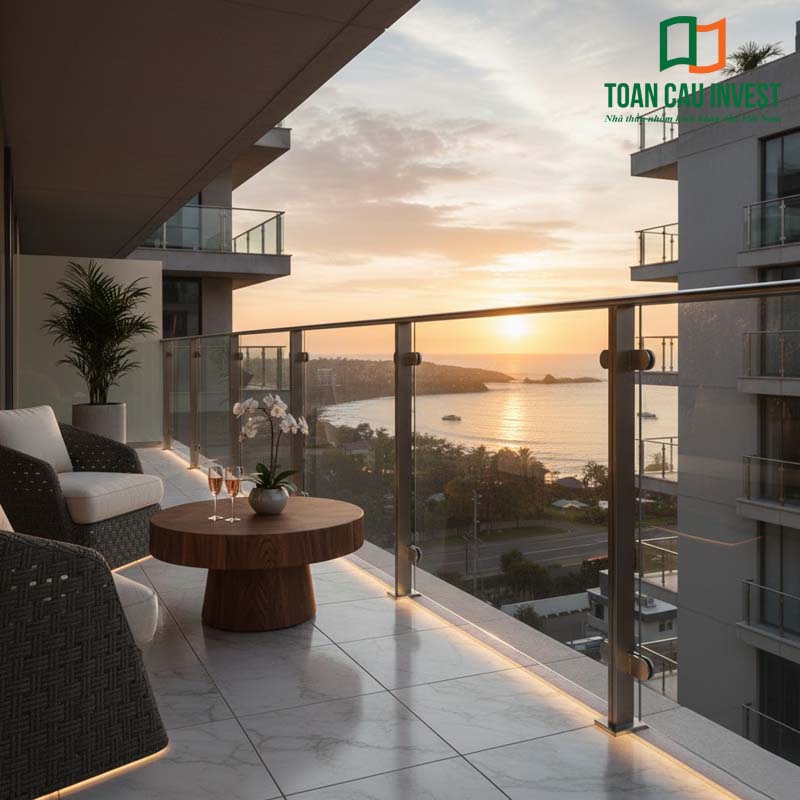 Vách kính ban công cao cấp Toàn Cầu Invest cho căn hộ view biển, thiết kế sang trọng ngắm hoàng hôn.