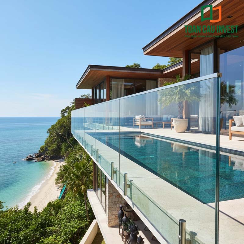 Vách kính ban công cho villa có hồ bơi vô cực, đảm bảo an toàn và tạo hiệu ứng không gian mở tuyệt đẹp.